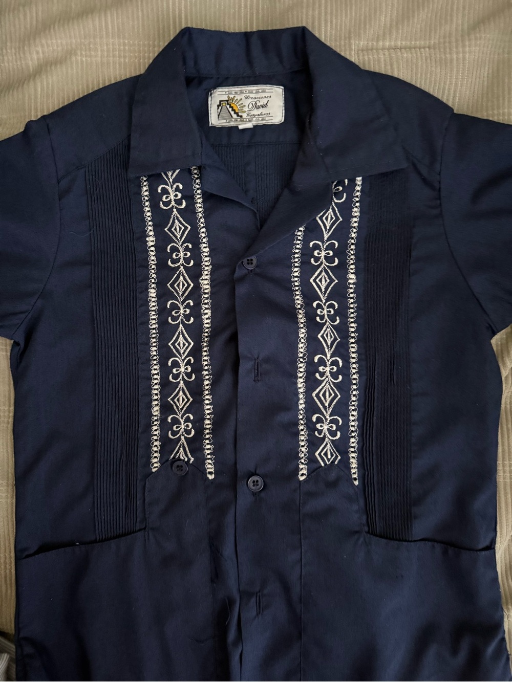 Boys Navy Embroidered Guayabera Shirt